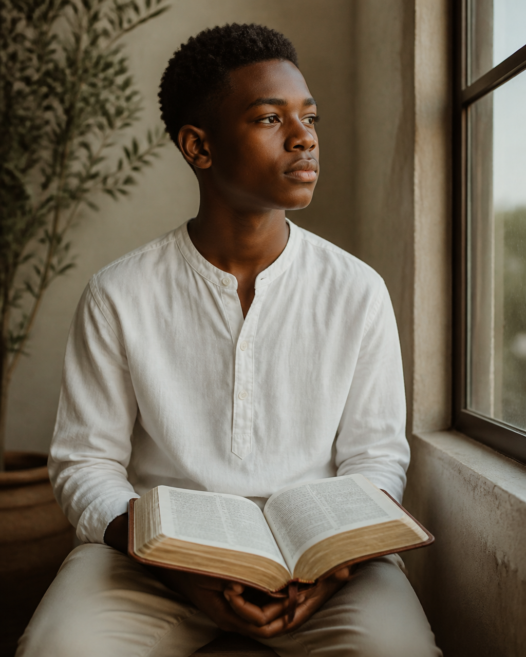 A young person holding an open Bible in quiet reflection